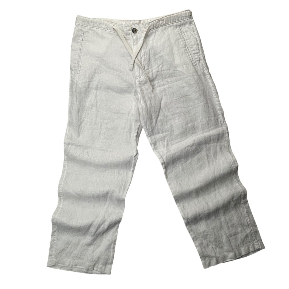 Tasso Elba Island Pants Men's 34 White 100% Linen Drawstring Straight Leg Beach